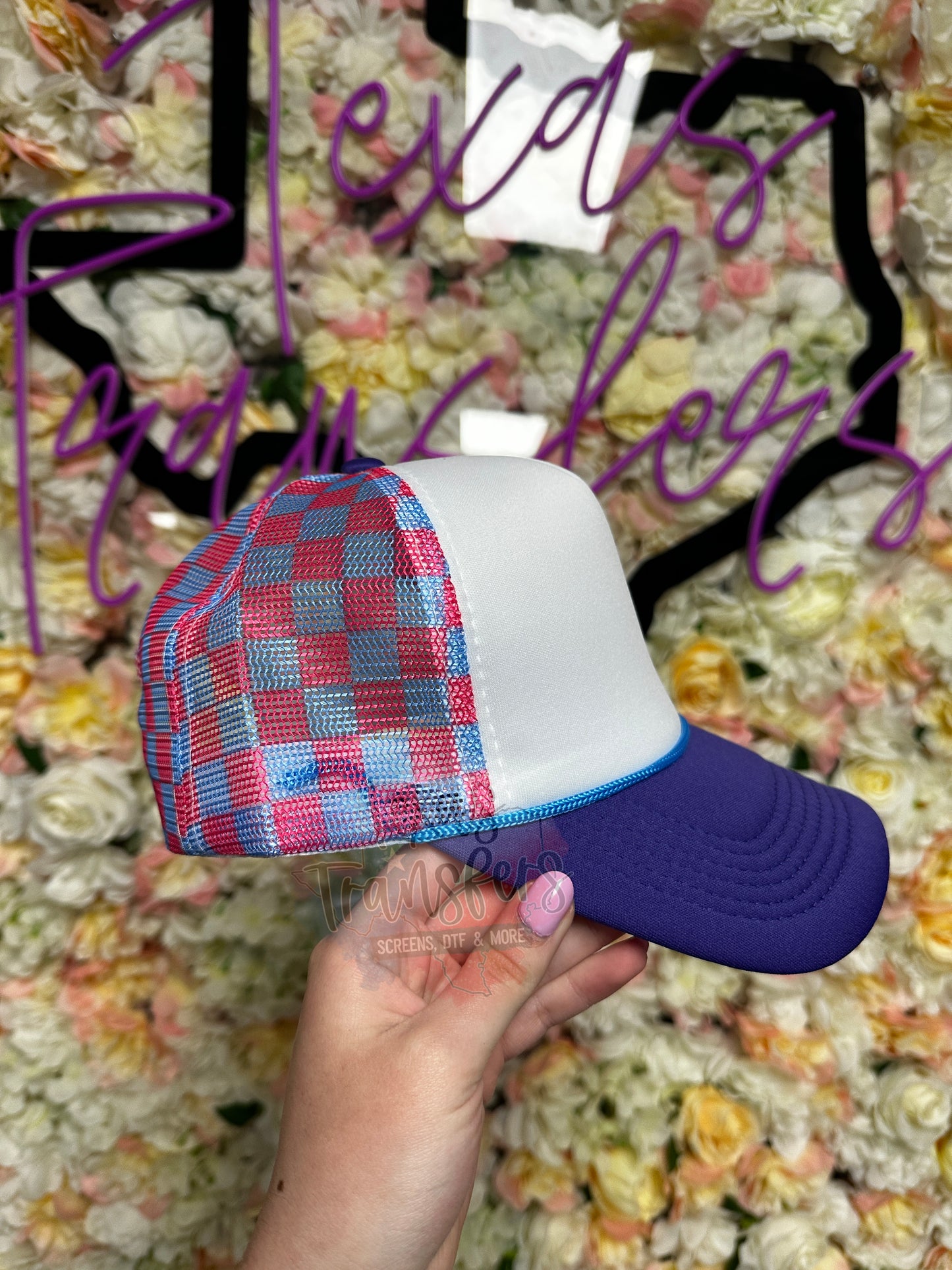 Pink and Blue Checker Trucker Hat - Texas Transfers and Designs