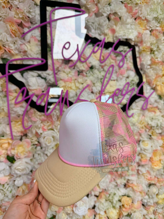Pink and Tan Checker Back Trucker Hat - Texas Transfers and Designs