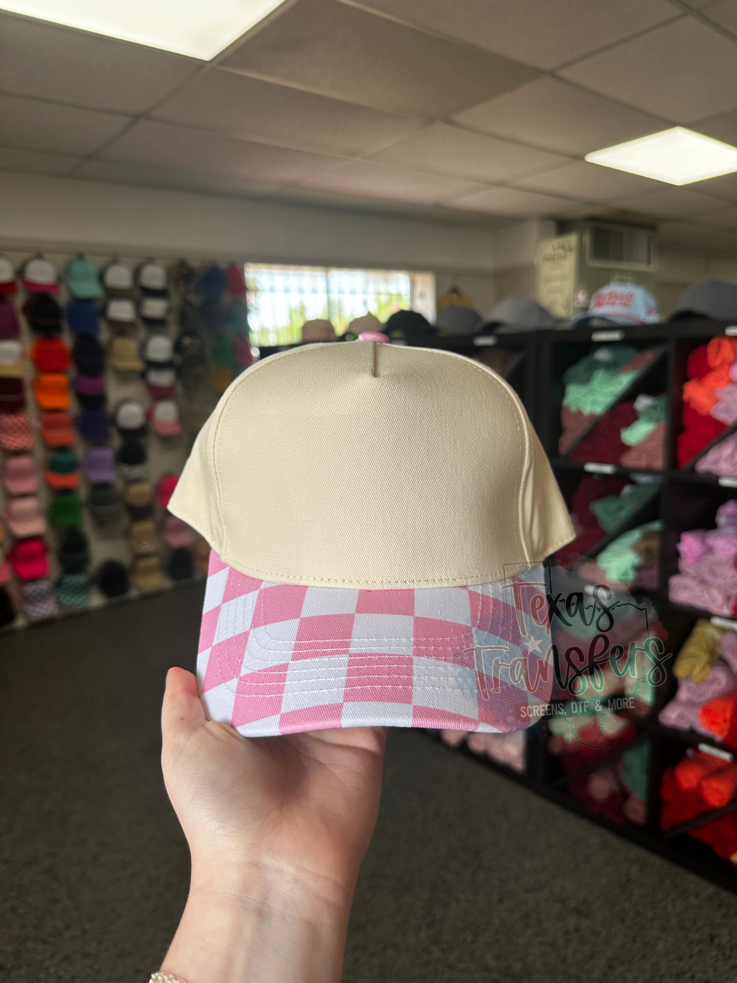 Pink and White Checker Brim Canvas Hat - Texas Transfers and Designs