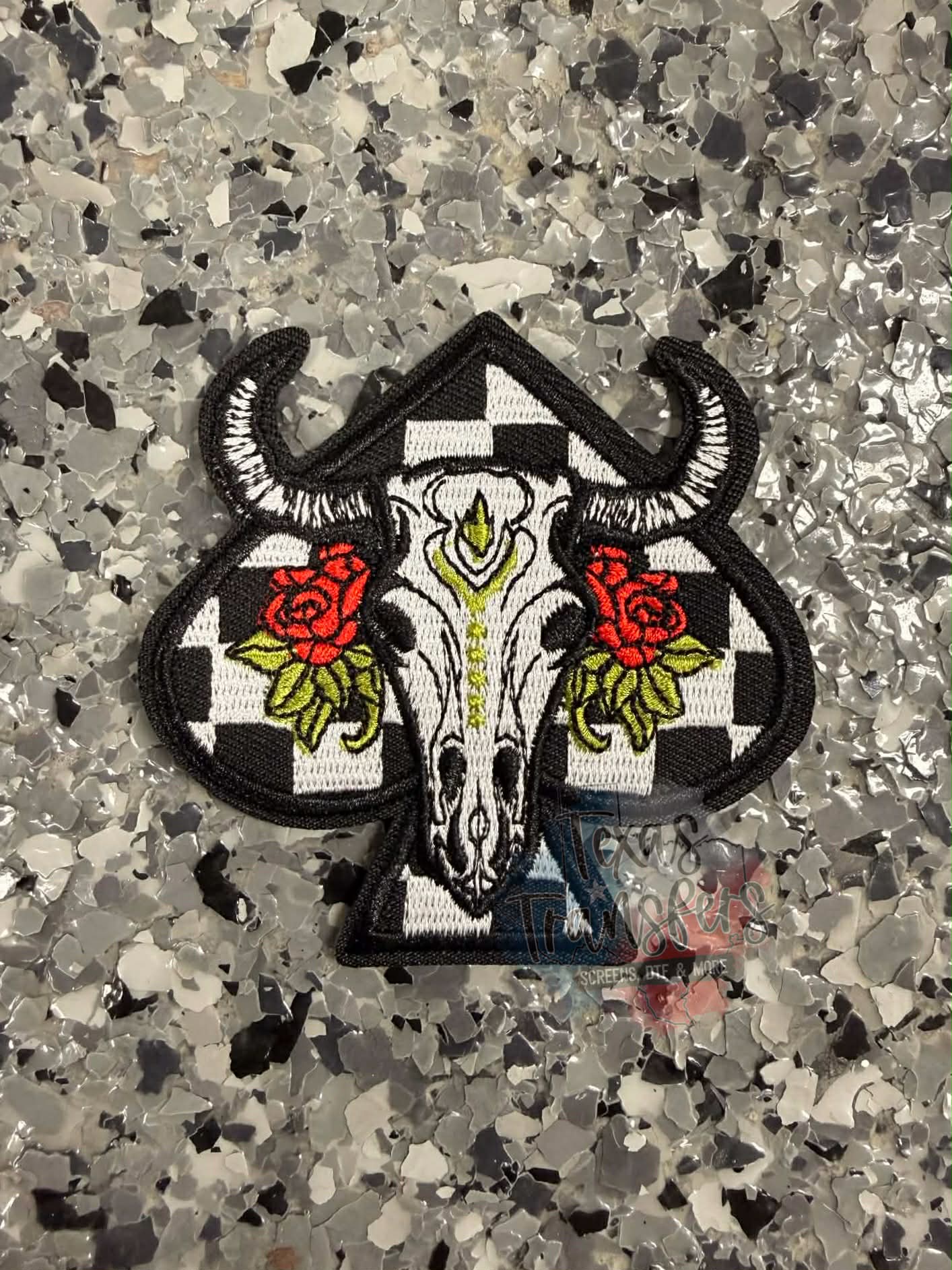 Checkered Bull Skull Spade Iron-On Patch - Texas Transfers and Designs