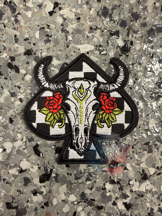 Checkered Bull Skull Spade Iron-On Patch - Texas Transfers and Designs