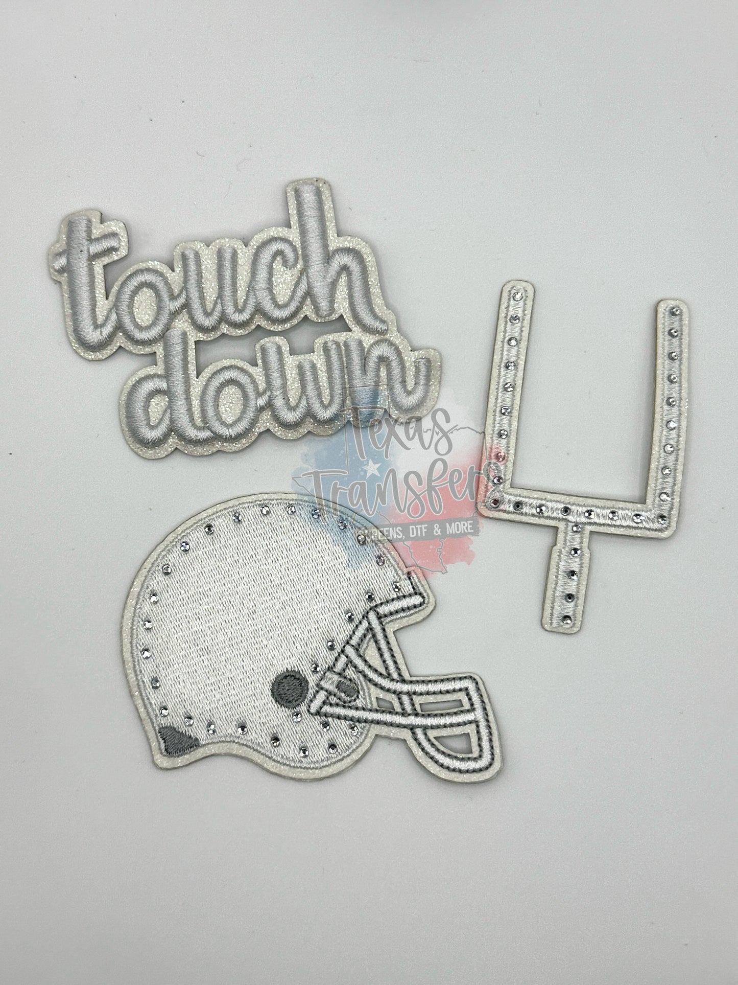 Rhinestone/Glitter Football Set (White) Iron-On Patches - Texas Transfers and Designs