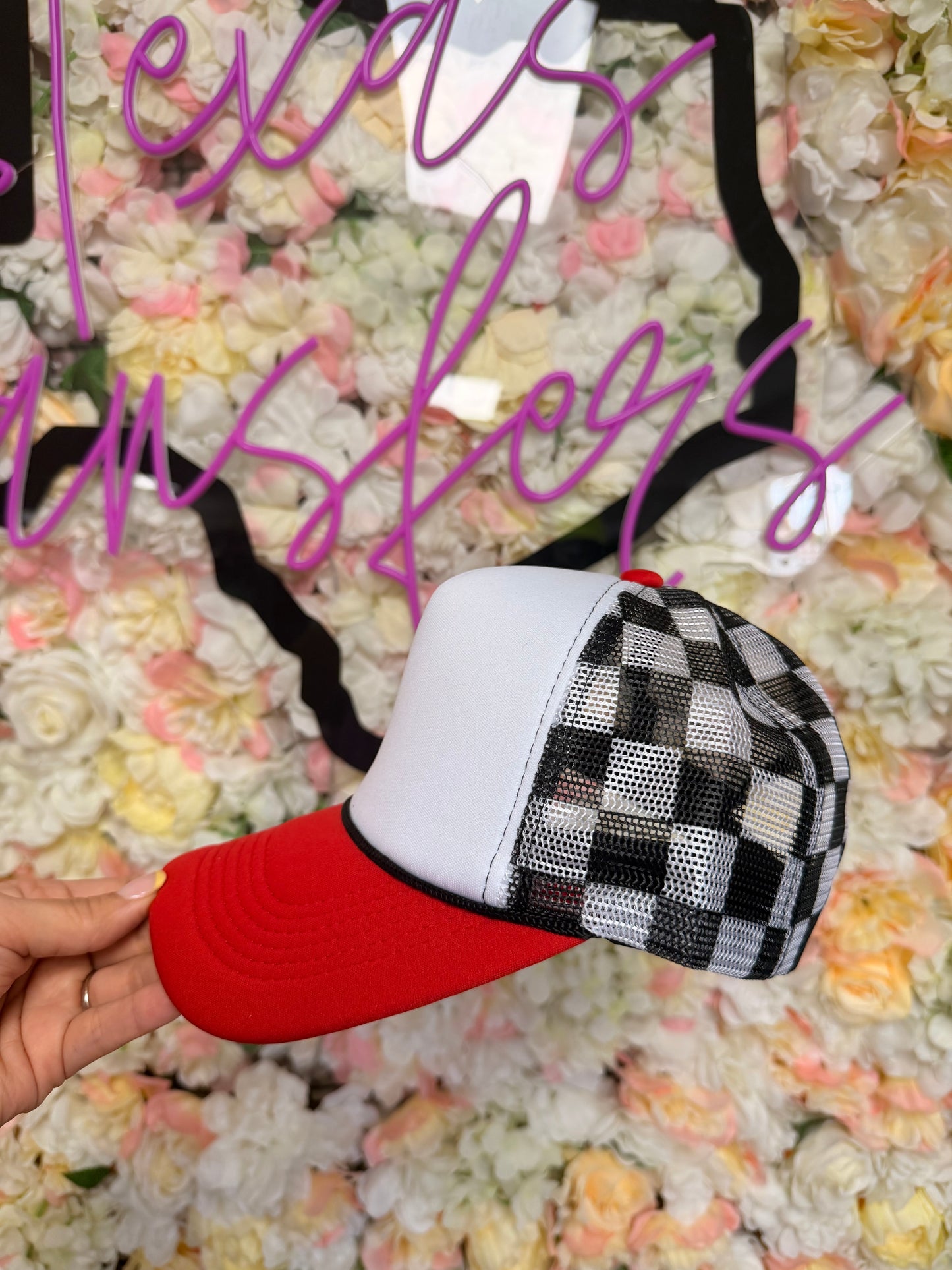 Black Checker Back/Red Brim Trucker Hat - Texas Transfers and Designs