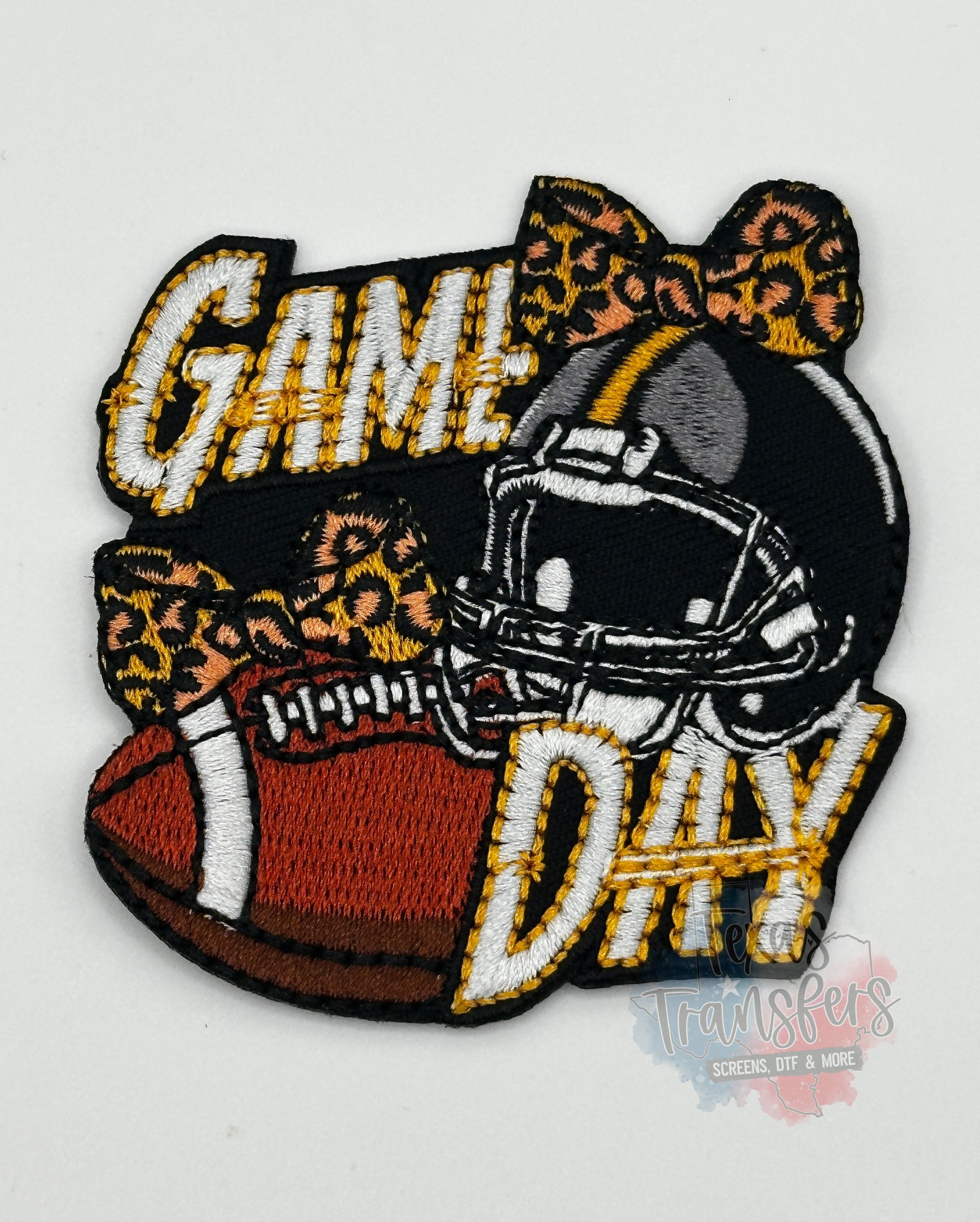 Game Day Football Leopard Bow Iron-On PATCH - Texas Transfers and Designs
