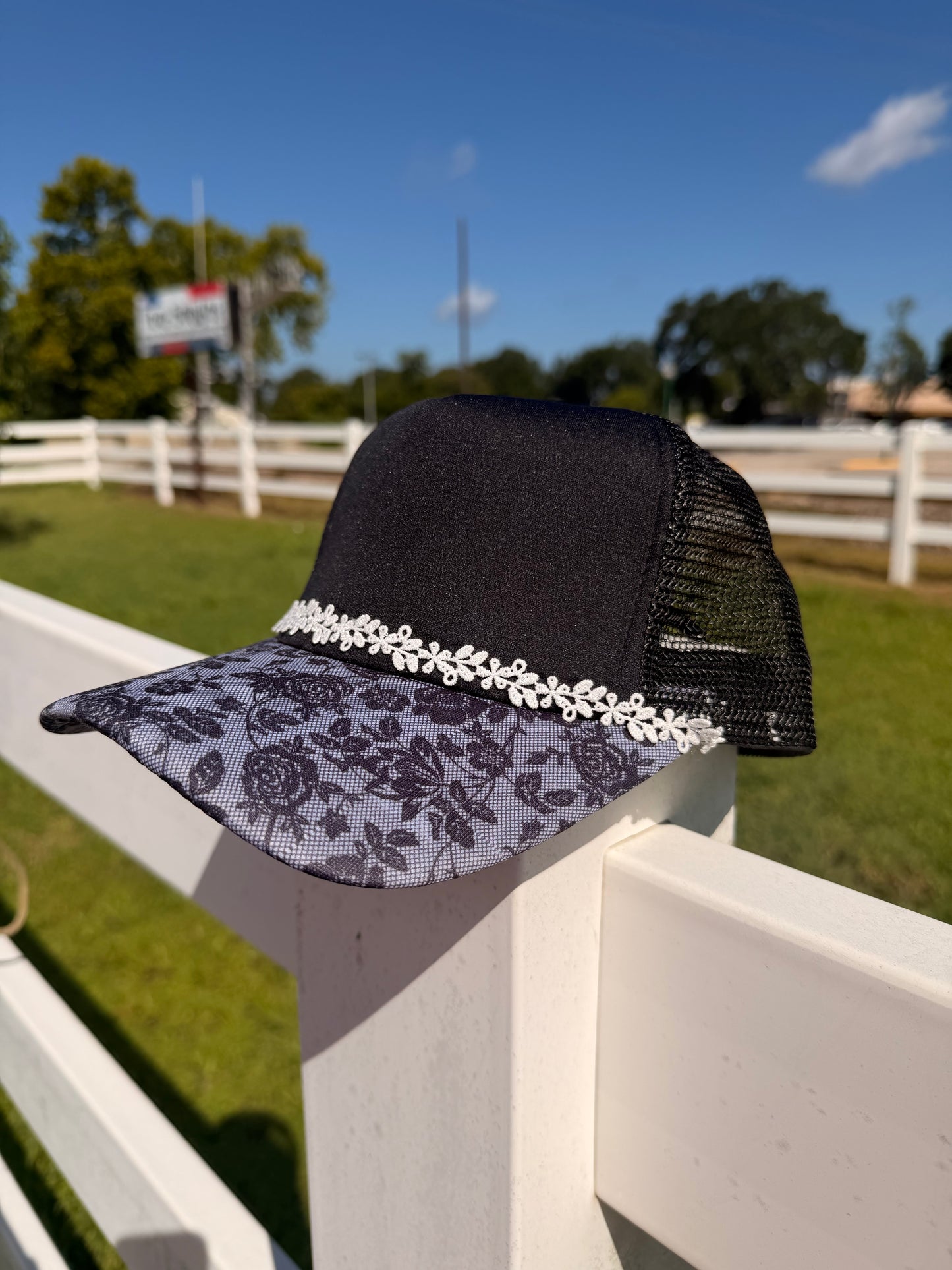 Black Lace Brim Trucker Mesh Hat
