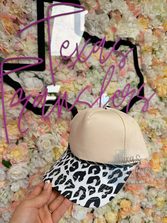 Black and White Leopard Brim Canvas Hat - Texas Transfers and Designs
