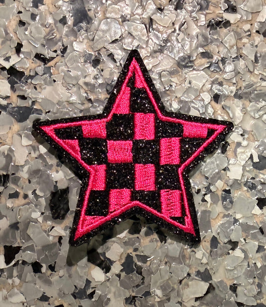 Hot Pink Checkered Star Iron-On Patch