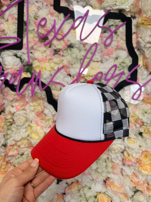 Black Checker Back/Red Brim Trucker Hat - Texas Transfers and Designs