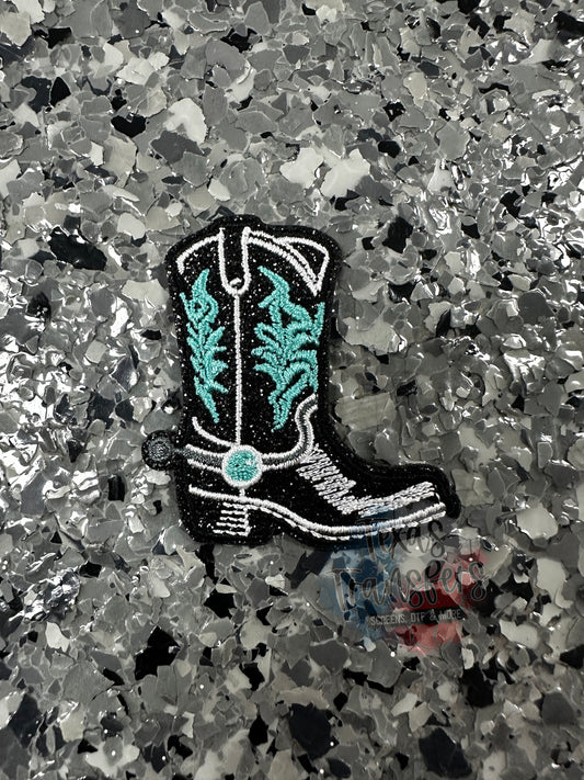 Black Glitter and Turquoise Boot Iron-On Patch