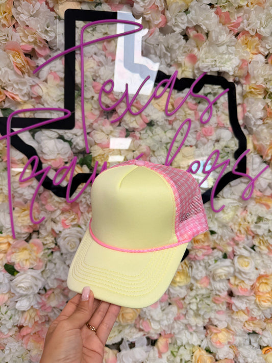Light Yellow and Pink Checkered Mesh Trucker Hat