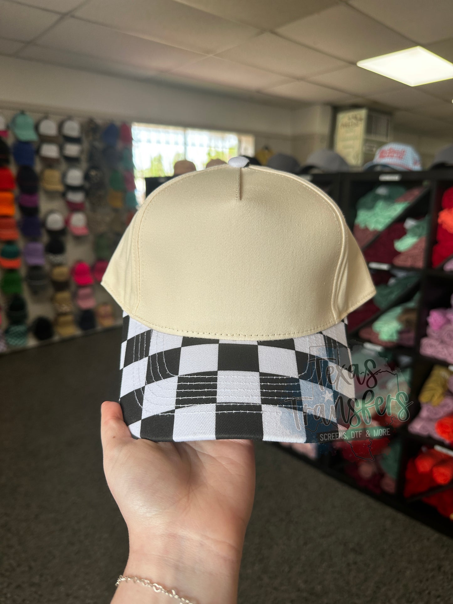 Black and White Checker Brim Canvas Hat - Texas Transfers and Designs