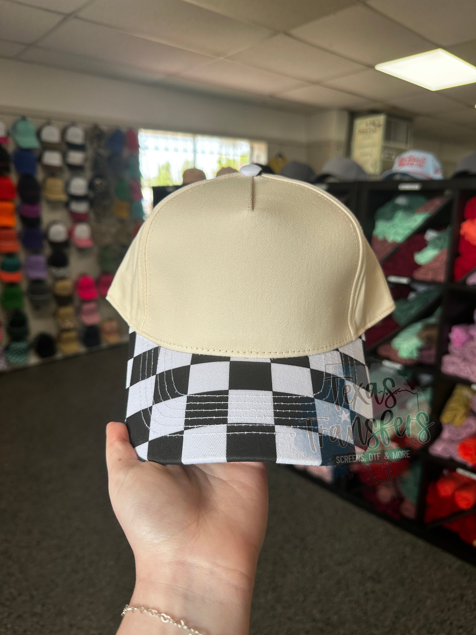 Black and White Checker Brim Canvas Hat - Texas Transfers and Designs