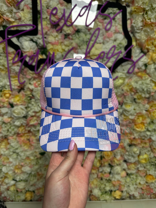 Pink/Blue Checker Front Trucker Hat - Texas Transfers and Designs