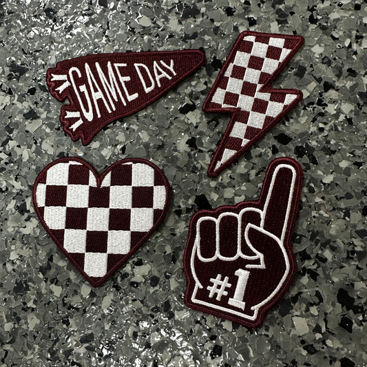 Maroon Team/Checker Iron-On Patches - Texas Transfers and Designs