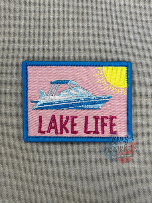 Lake Life Boat Pink Iron-On Patch