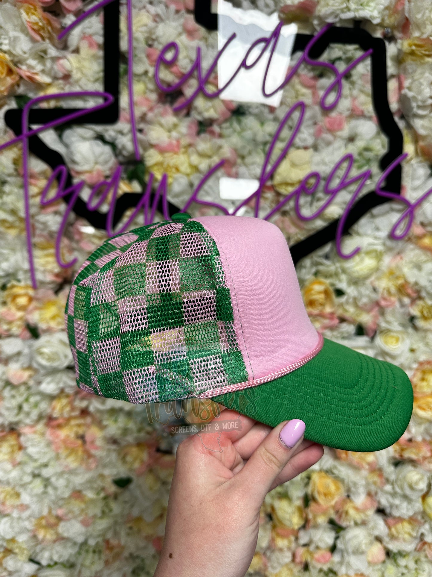 Pink and Green Checker Trucker Hat - Texas Transfers and Designs