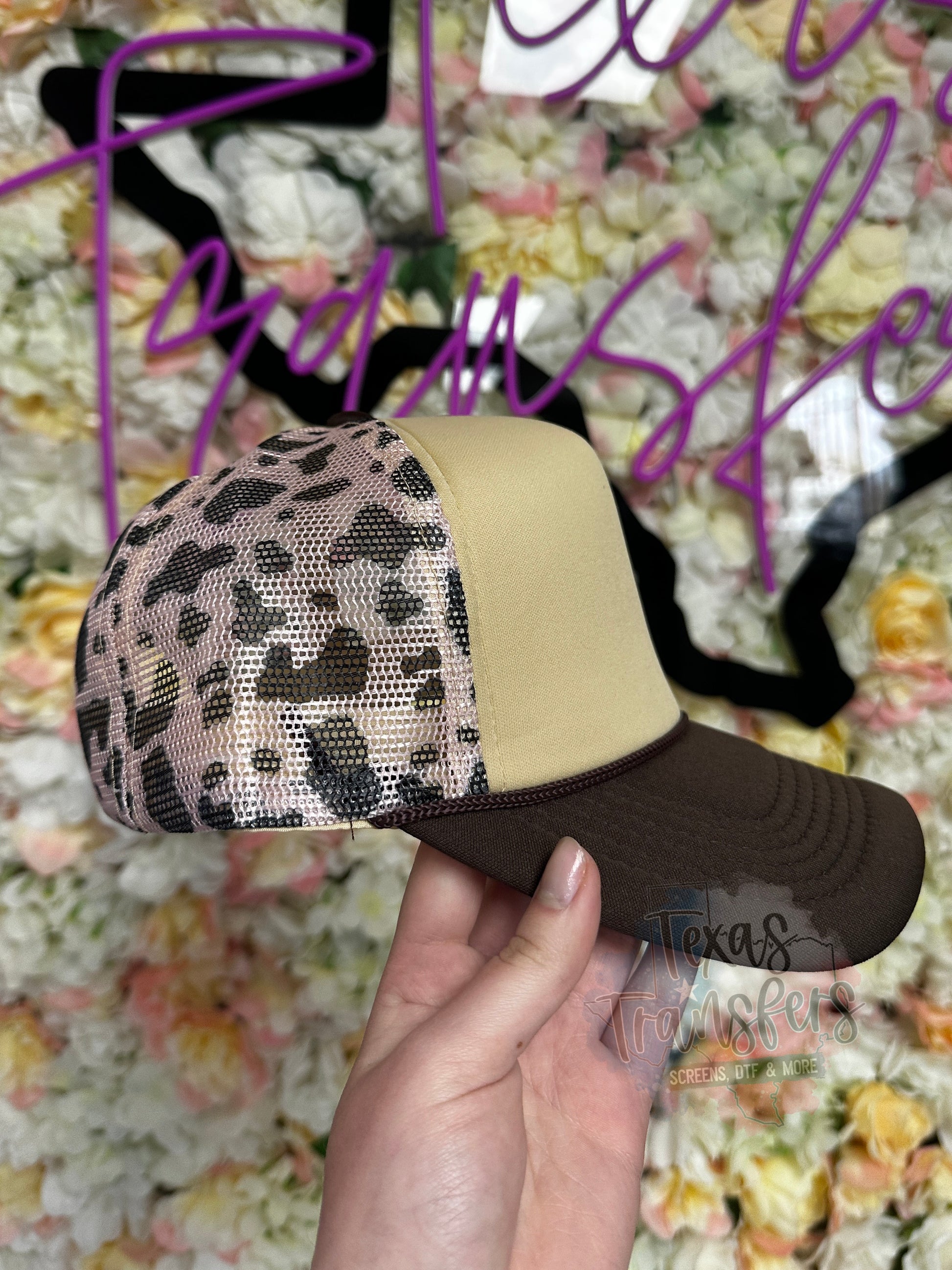 Cow Print/Brown Bill Trucker Hat - Texas Transfers and Designs