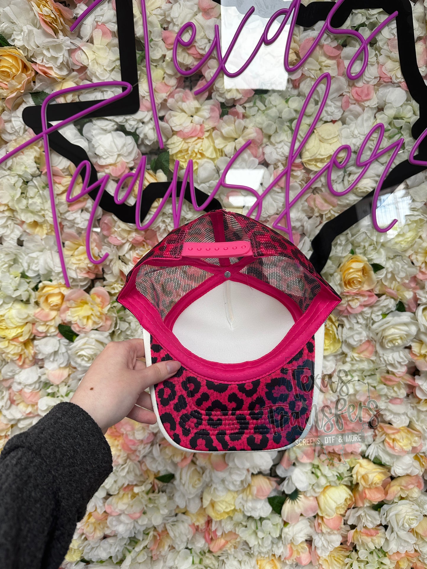 Ivory Front/ Hot Pink Leopard Mesh Trucker Hat