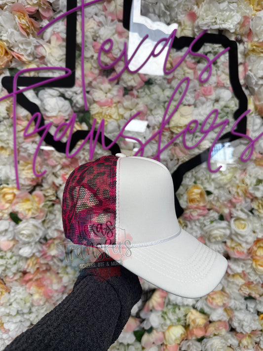 Ivory Front/ Hot Pink Leopard Mesh Trucker Hat