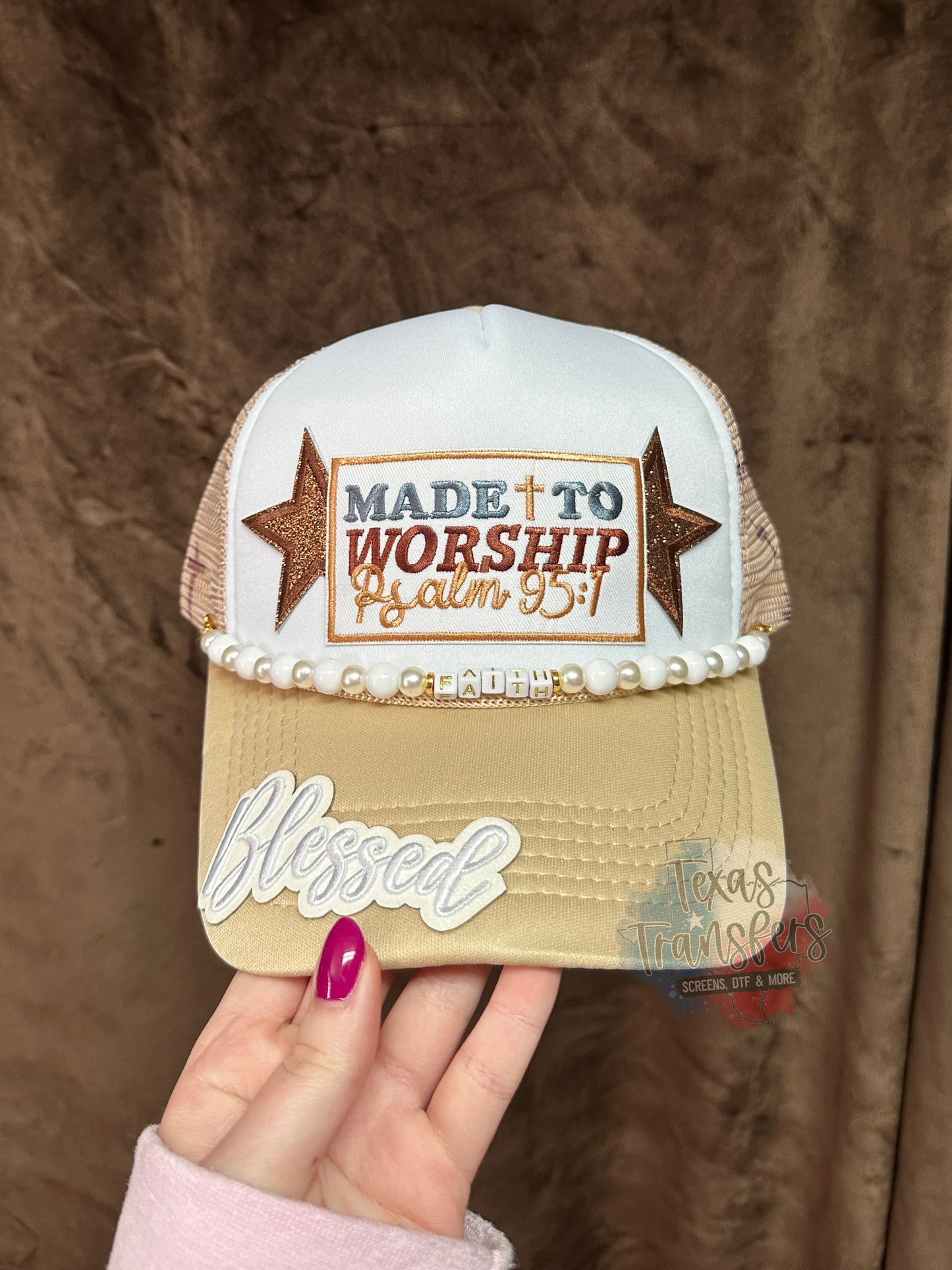 Tan/White Cross Trucker Hat