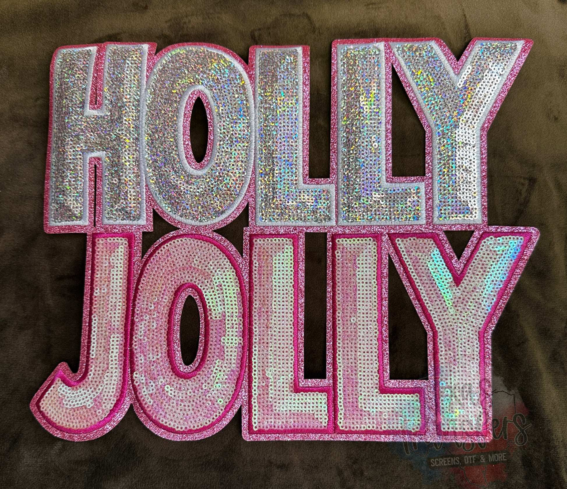 Holly Jolly (Pink) Sequin XL Iron-On Patch - Texas Transfers and Designs