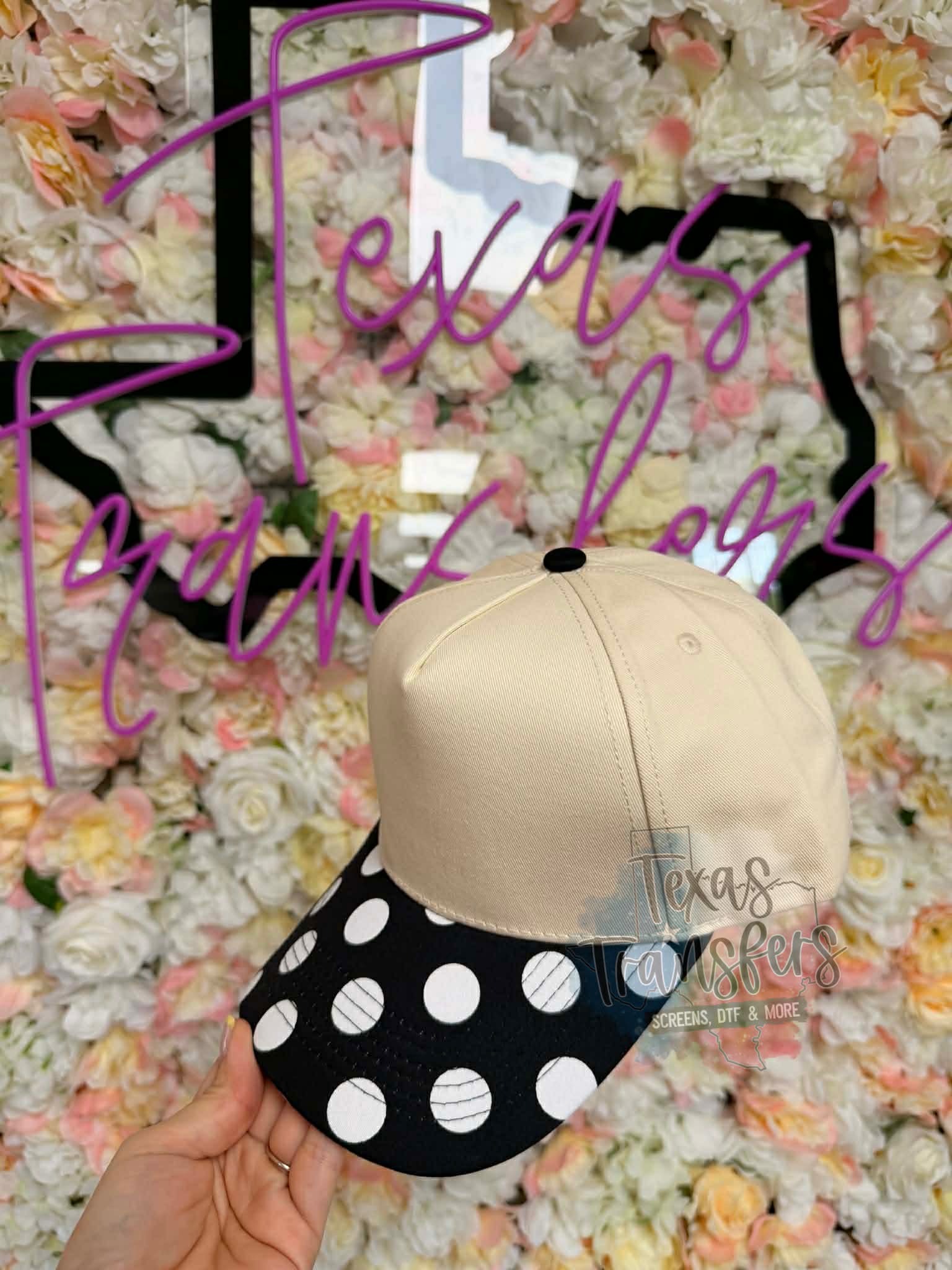 Black and White Brim Polka Dot Canvas Hat - Texas Transfers and Designs
