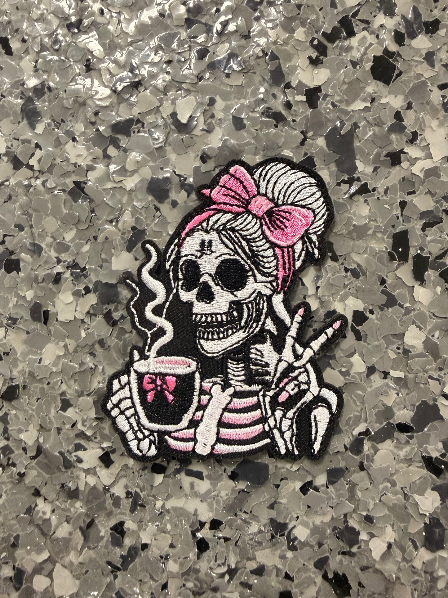 Pink Skeleton with Coffee Iron-On Patch