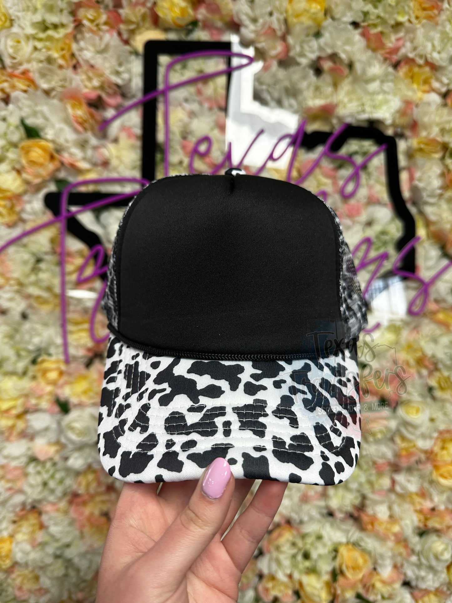 Black and White Cow Print Trucker Hat - Texas Transfers and Designs