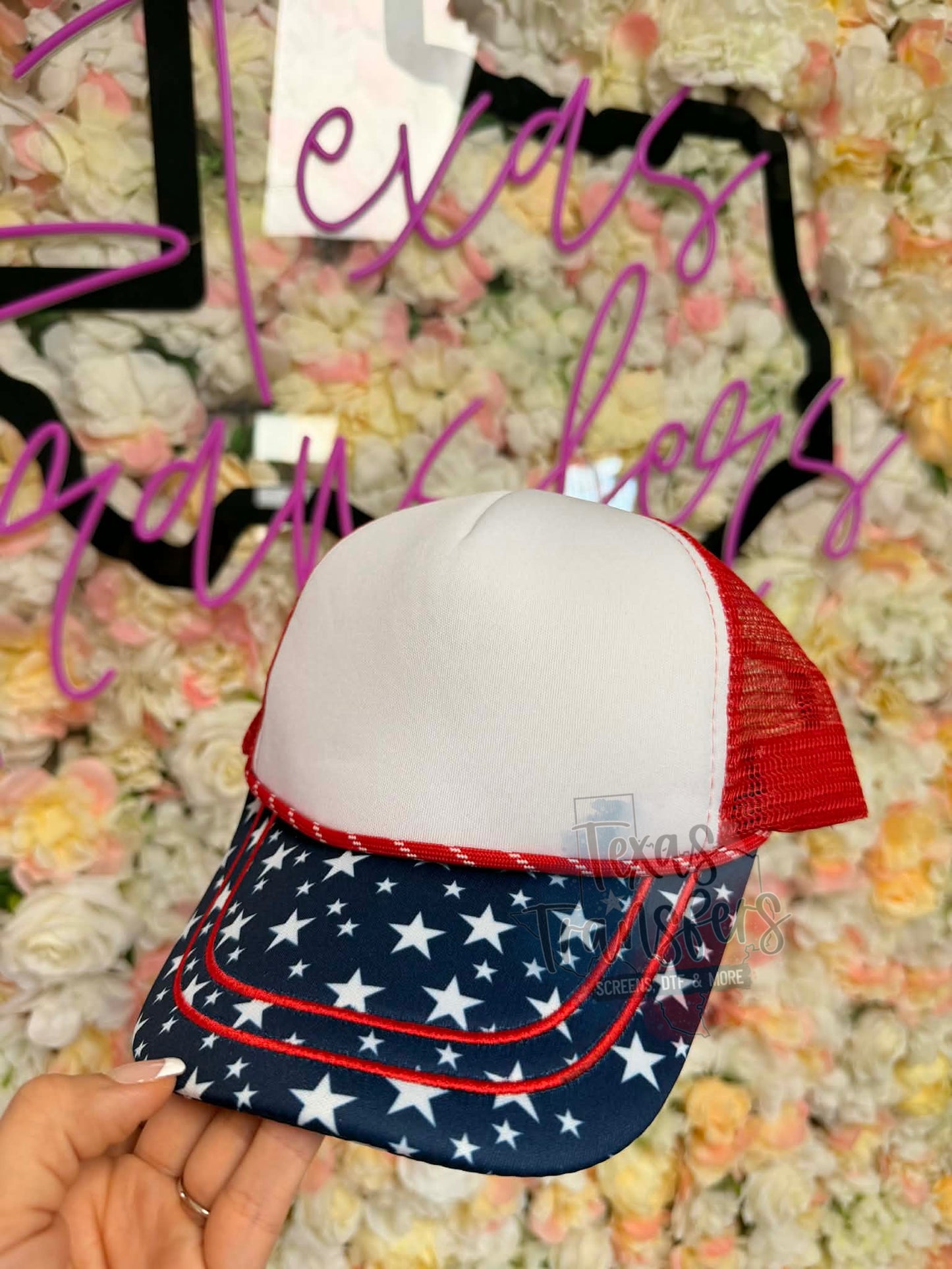 Red/White/Blue Star Brim Double Embroidery Trucker Hat - Texas Transfers and Designs