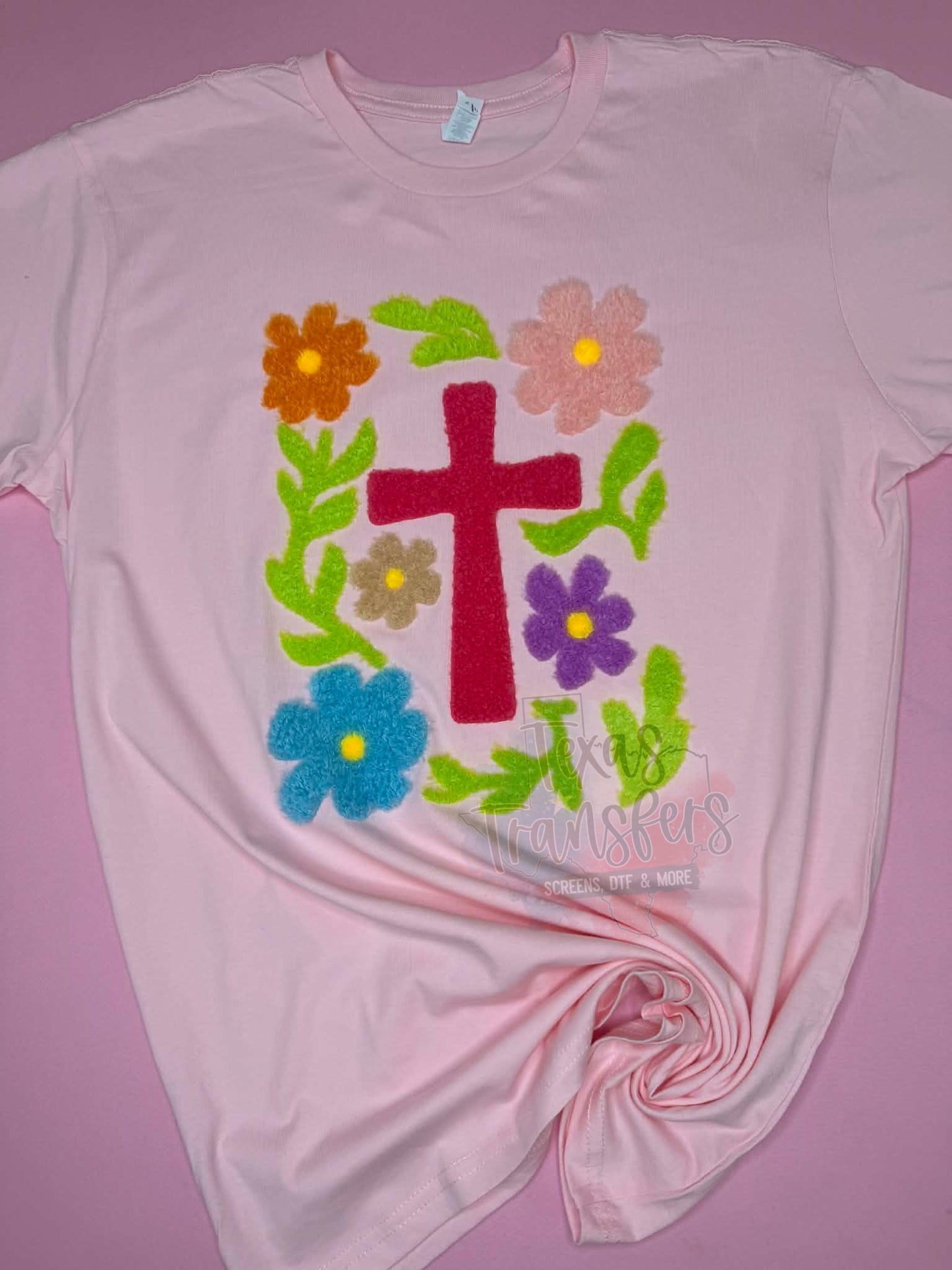 Colorful Floral Cross Fluffy Fuzzy XL Iron-On Patch - Texas Transfers and Designs