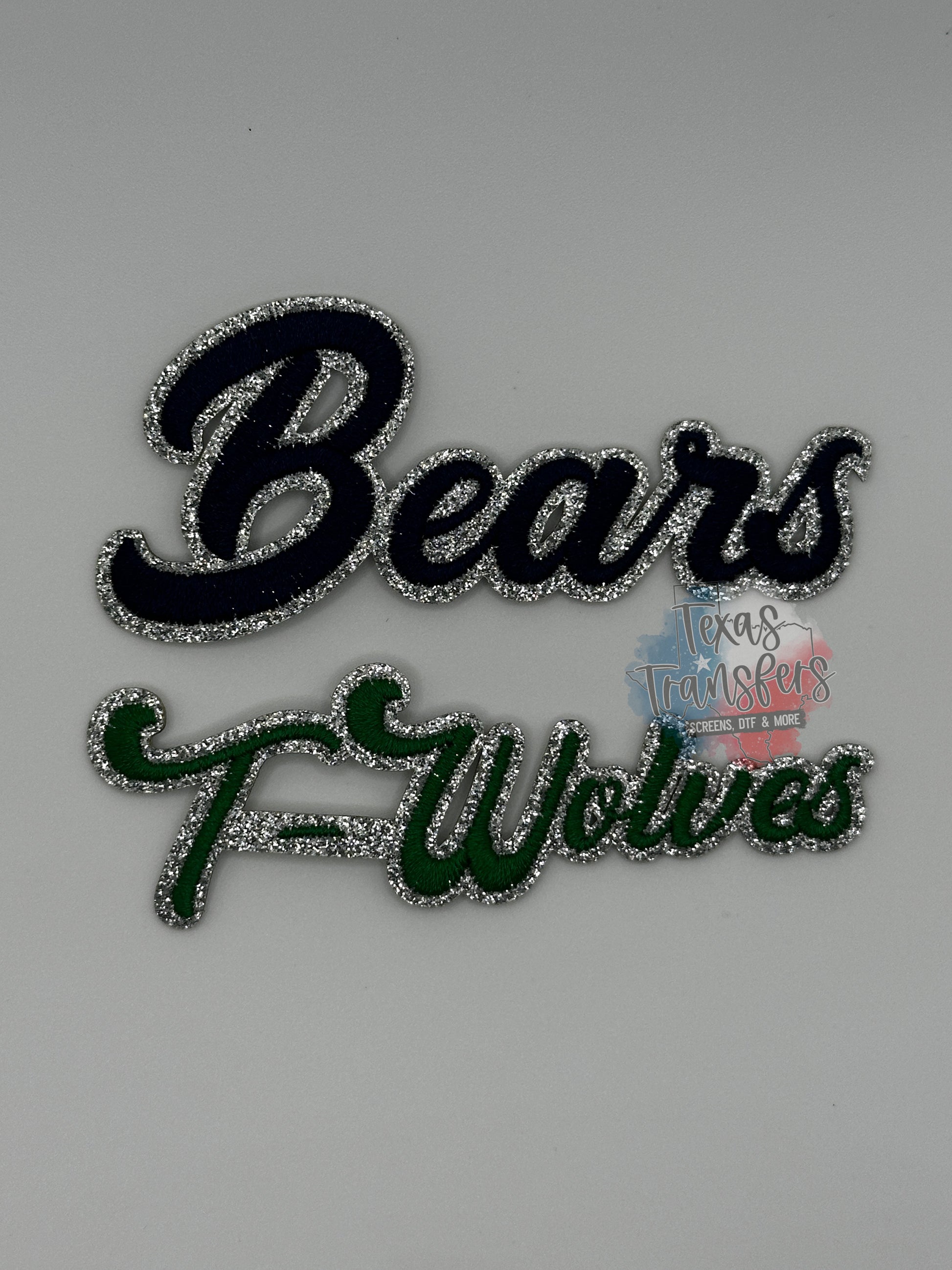 Glitter Mascot CURSIVE Iron-On PATCH (Multiple Options) - Texas Transfers and Designs