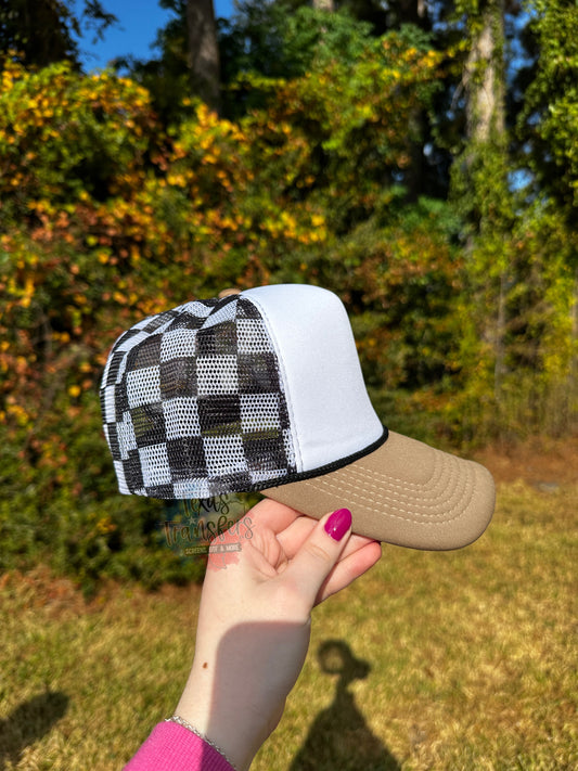 Brown Bill/Black Checker Mesh Trucker Hat - Texas Transfers and Designs