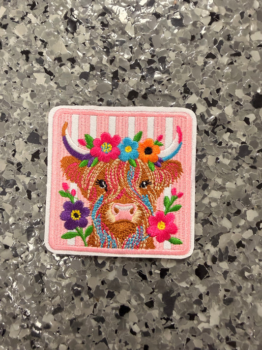 Pink Striped Highland Cow Square Iron-On Patch