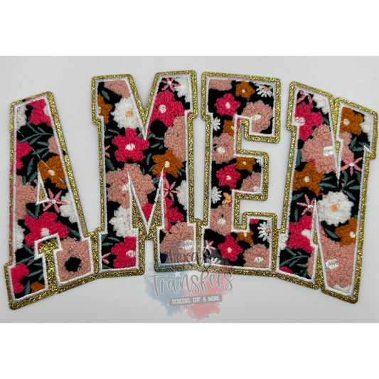 Curved Amen Floral Chenille XL Iron-On Patch - Texas Transfers and Designs