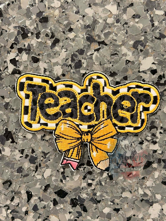 Checker Teacher Pencil Bow Iron-On Patch - Texas Transfers and Designs