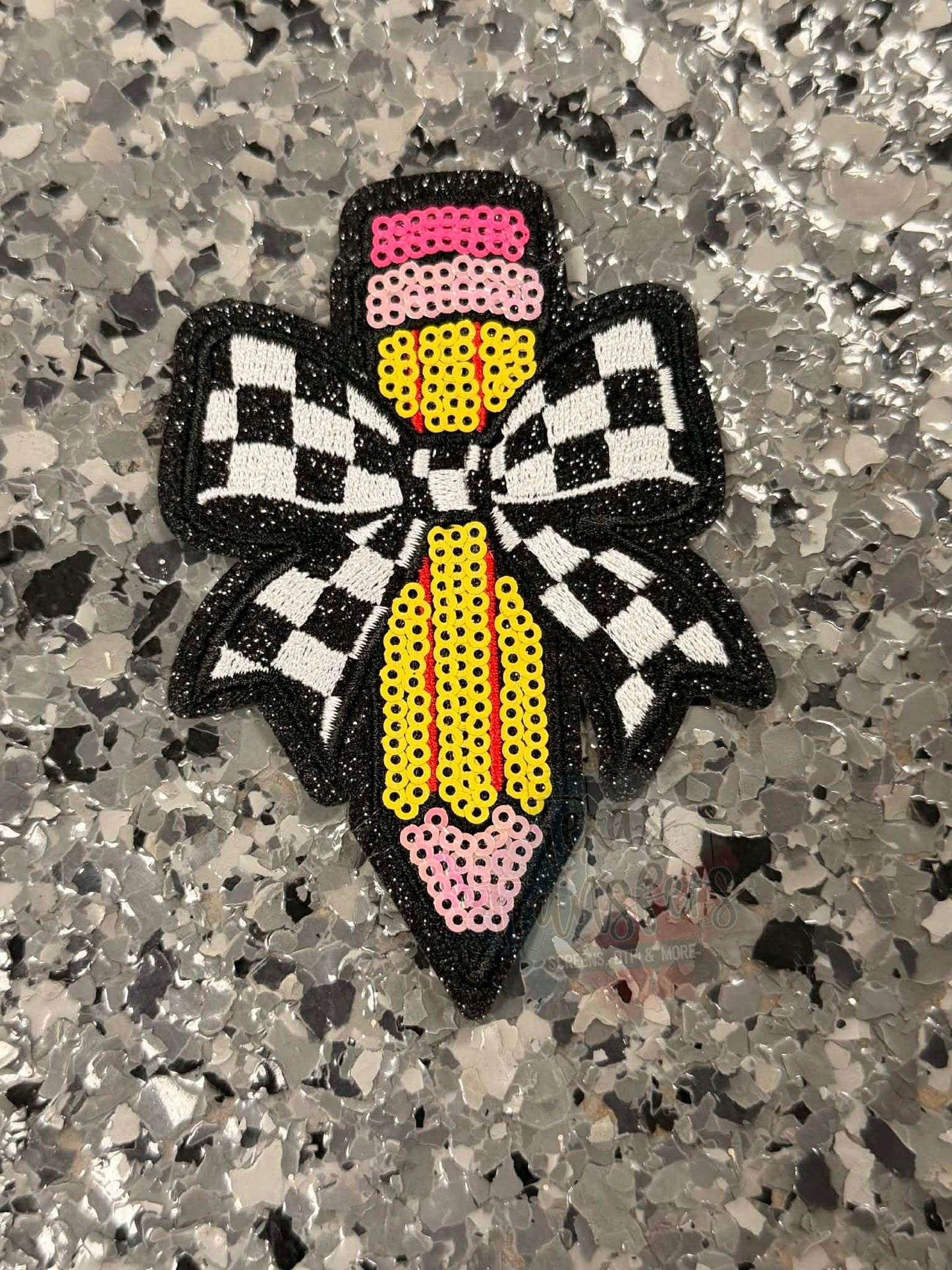 Black Checker Bow Pencil Iron-On Patch - Texas Transfers and Designs