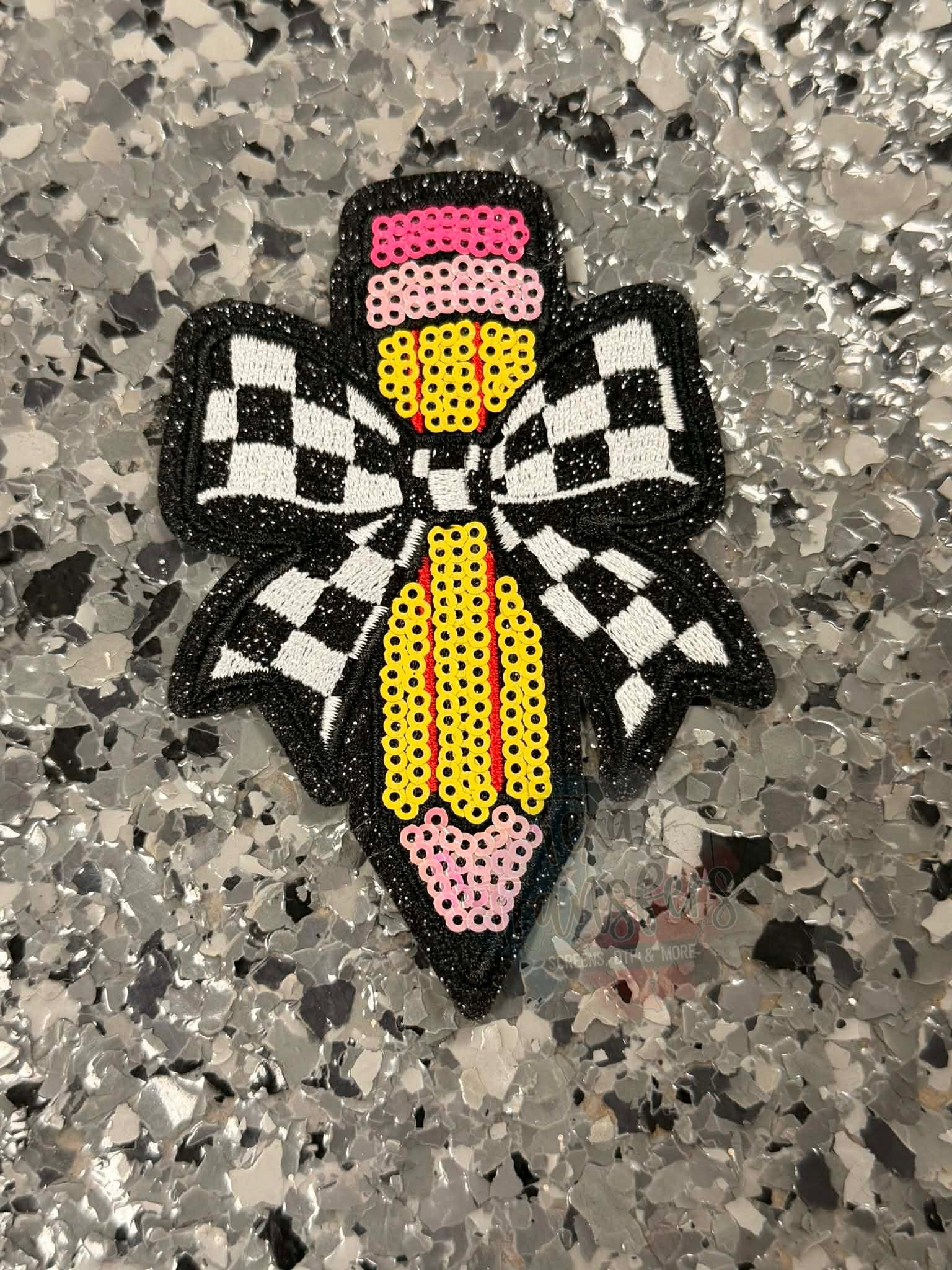 Black Checker Bow Pencil Iron-On Patch - Texas Transfers and Designs