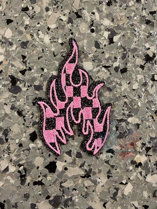 Pink and Black Checkered Flames Iron-On Patch - Texas Transfers and Designs