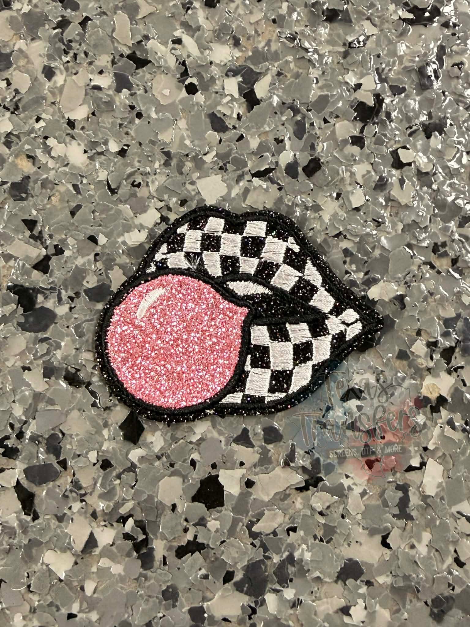 Checker Bubble Gum Lips Iron-On Patch - Texas Transfers and Designs