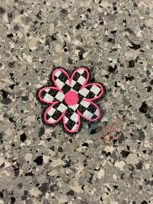 Pink and Black Checkered Daisy Iron-On Patch - Texas Transfers and Designs