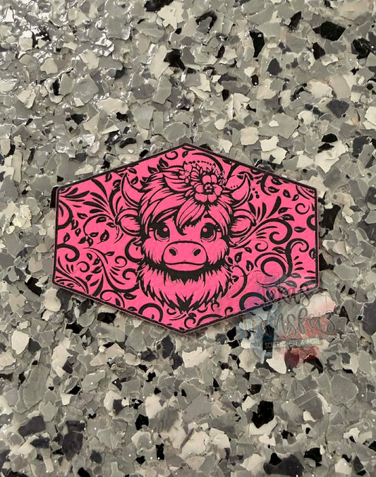 Highland Cow Pink Leatherette Iron-On Patch - Texas Transfers and Designs