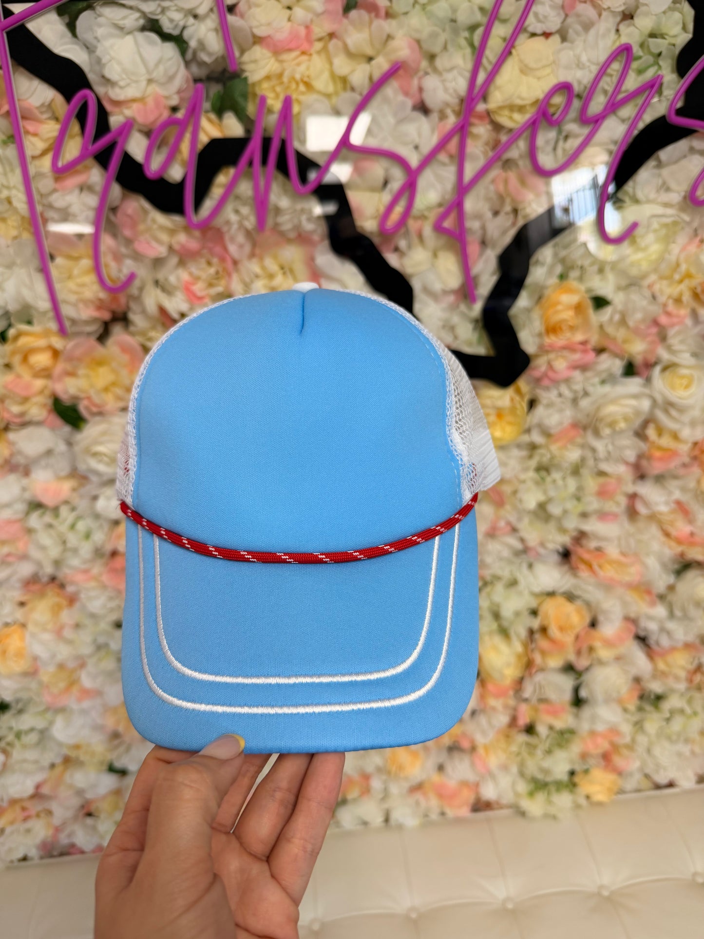 Baby Blue Trucker Hat Double Embroidered Brim - Texas Transfers and Designs