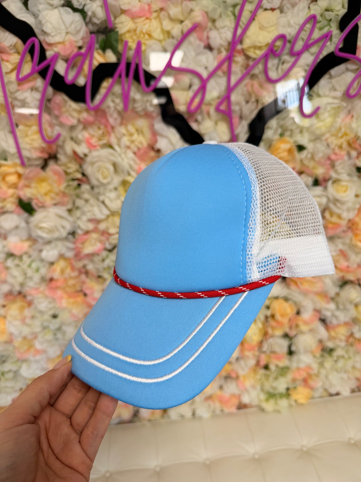 Baby Blue Trucker Hat Double Embroidered Brim - Texas Transfers and Designs