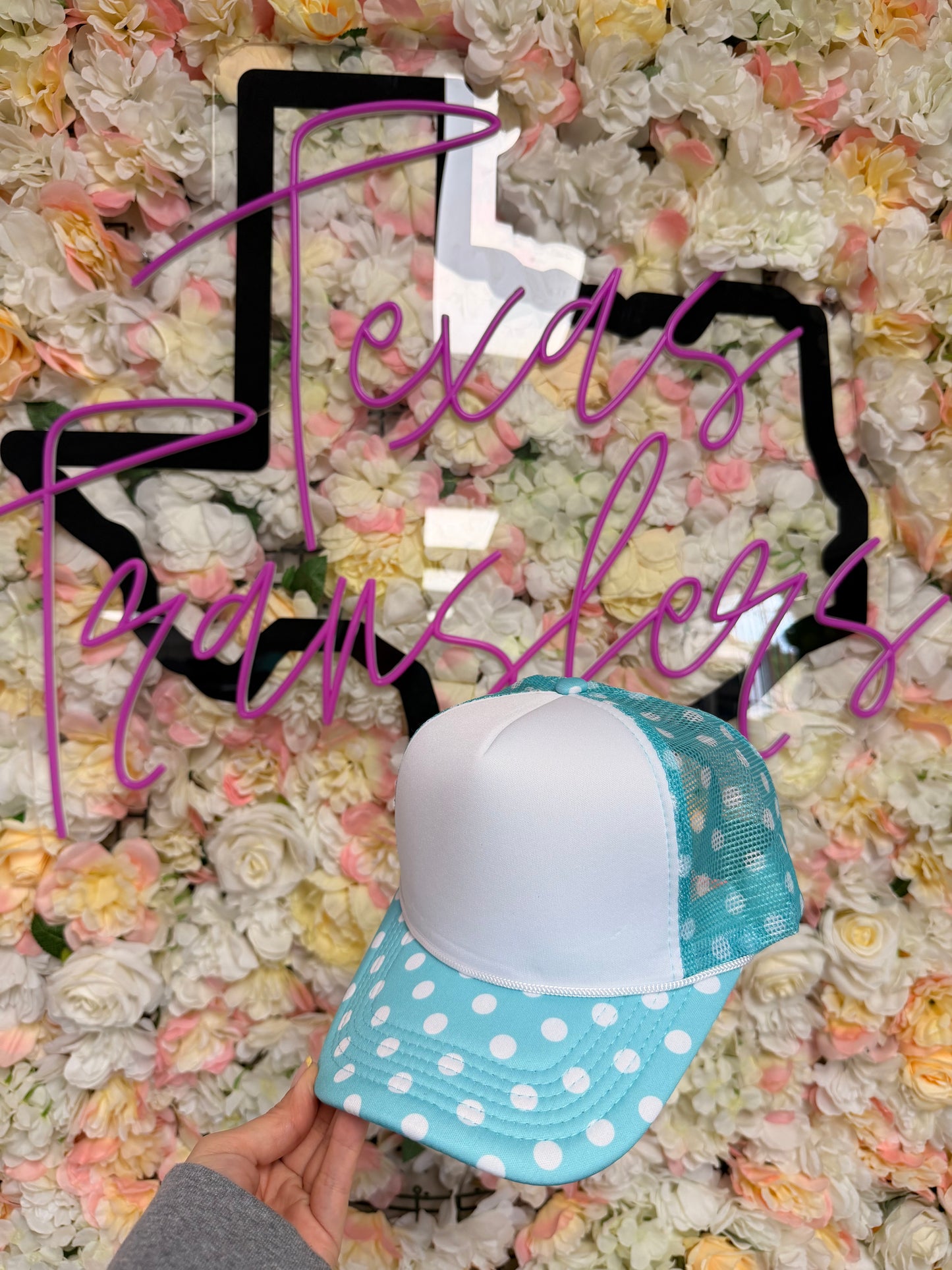 Aqua Polka Dot Trucker Hat - Texas Transfers and Designs