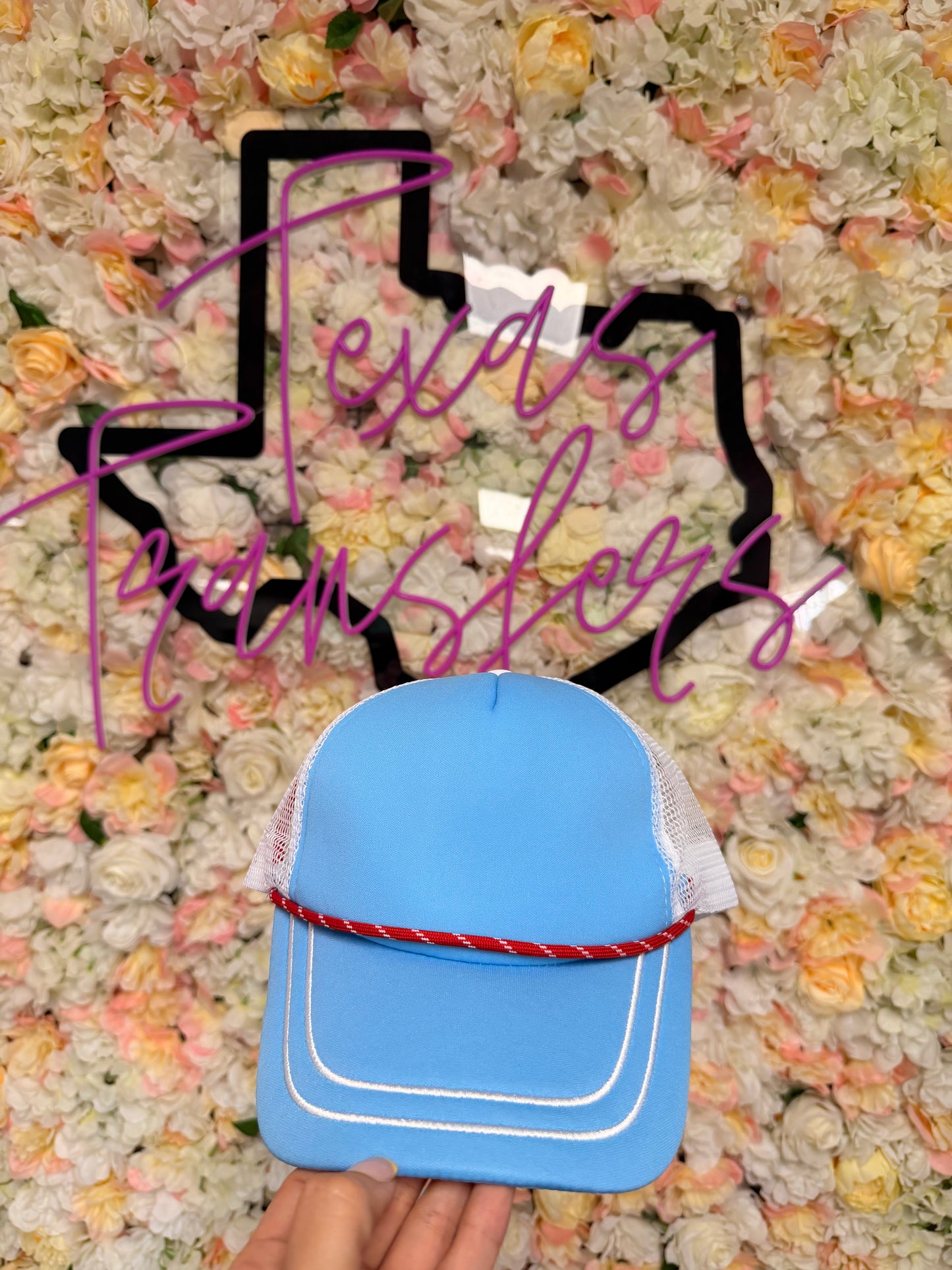 Baby Blue Trucker Hat Double Embroidered Brim - Texas Transfers and Designs