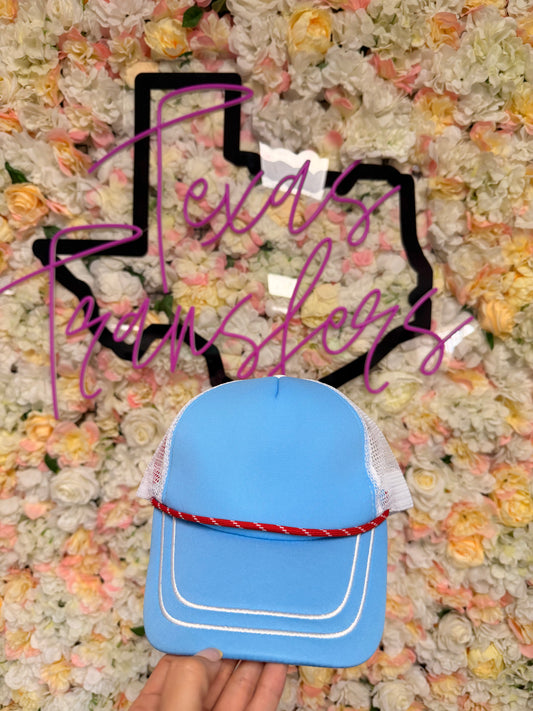 Baby Blue Trucker Hat Double Embroidered Brim - Texas Transfers and Designs