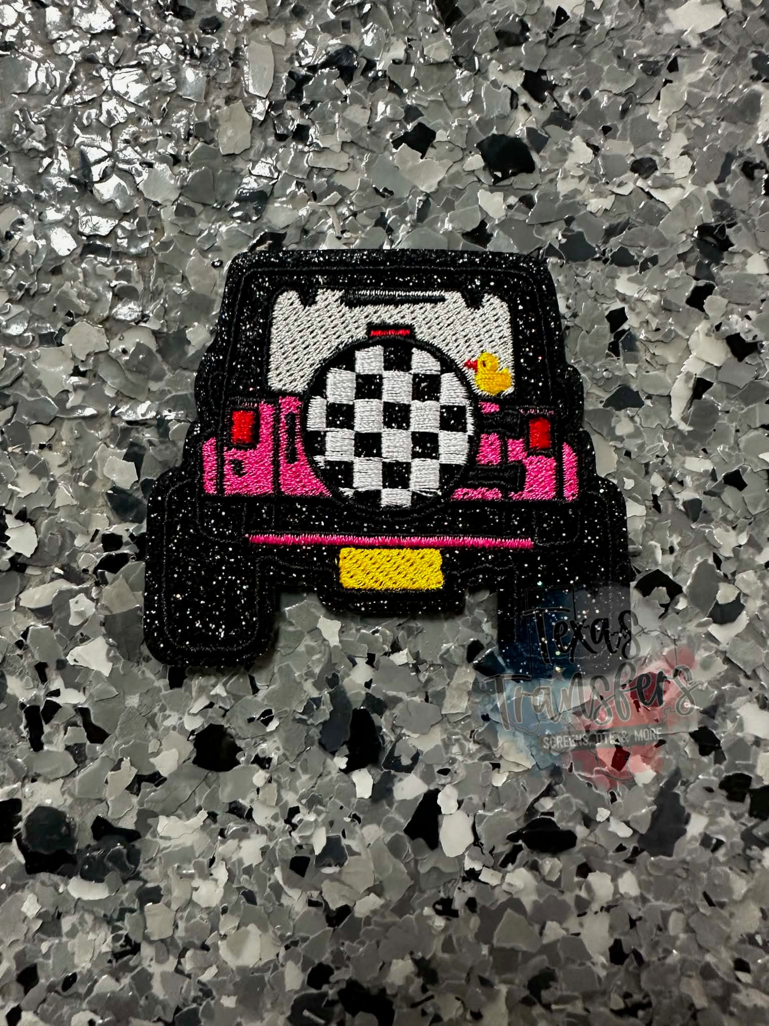 Glitter Pink Jeep with Duck Iron-On Patch - Texas Transfers and Designs