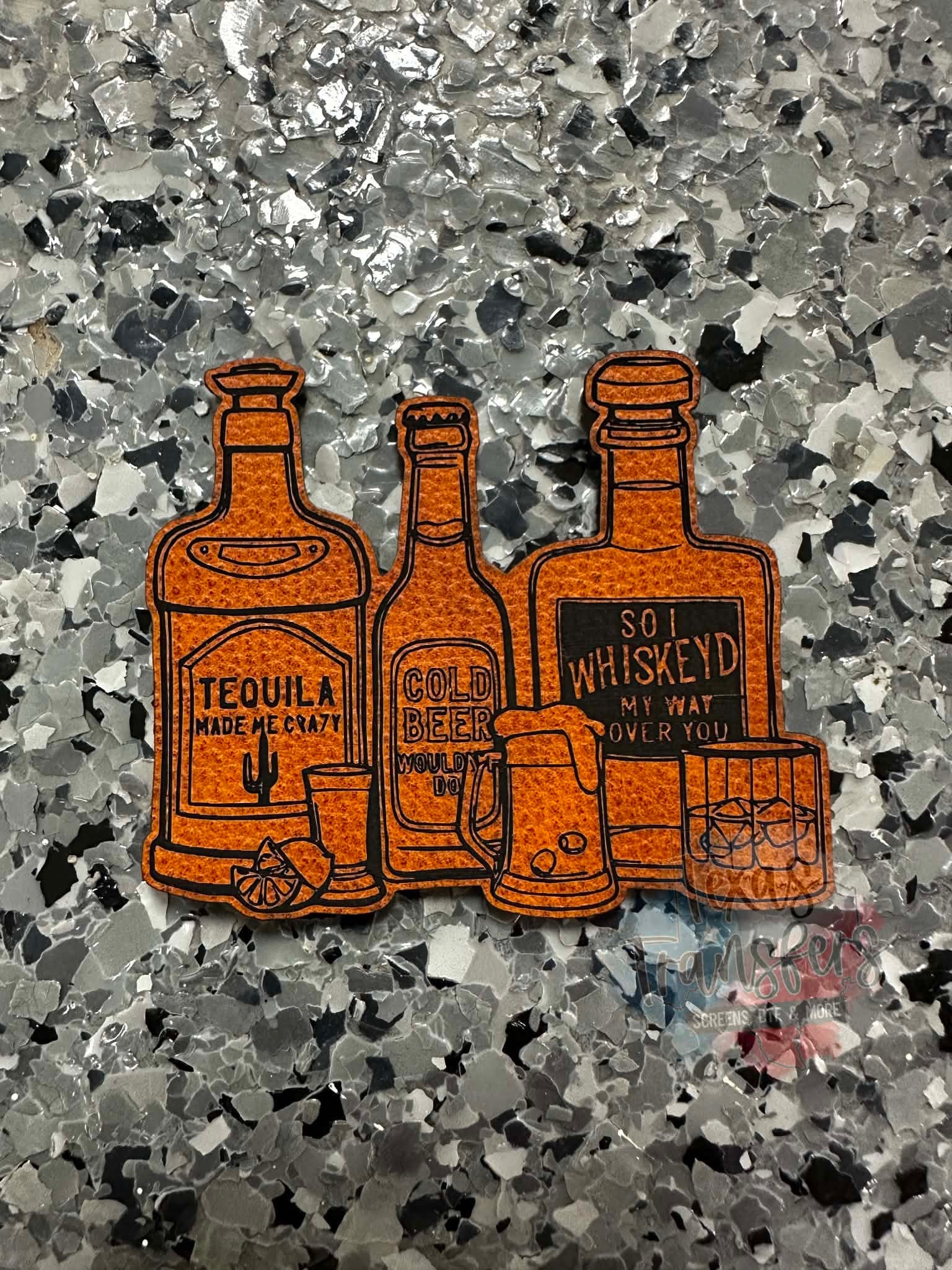 Tequila Whiskey Beer Bottles Leatherette Iron-On Patch - Texas Transfers and Designs