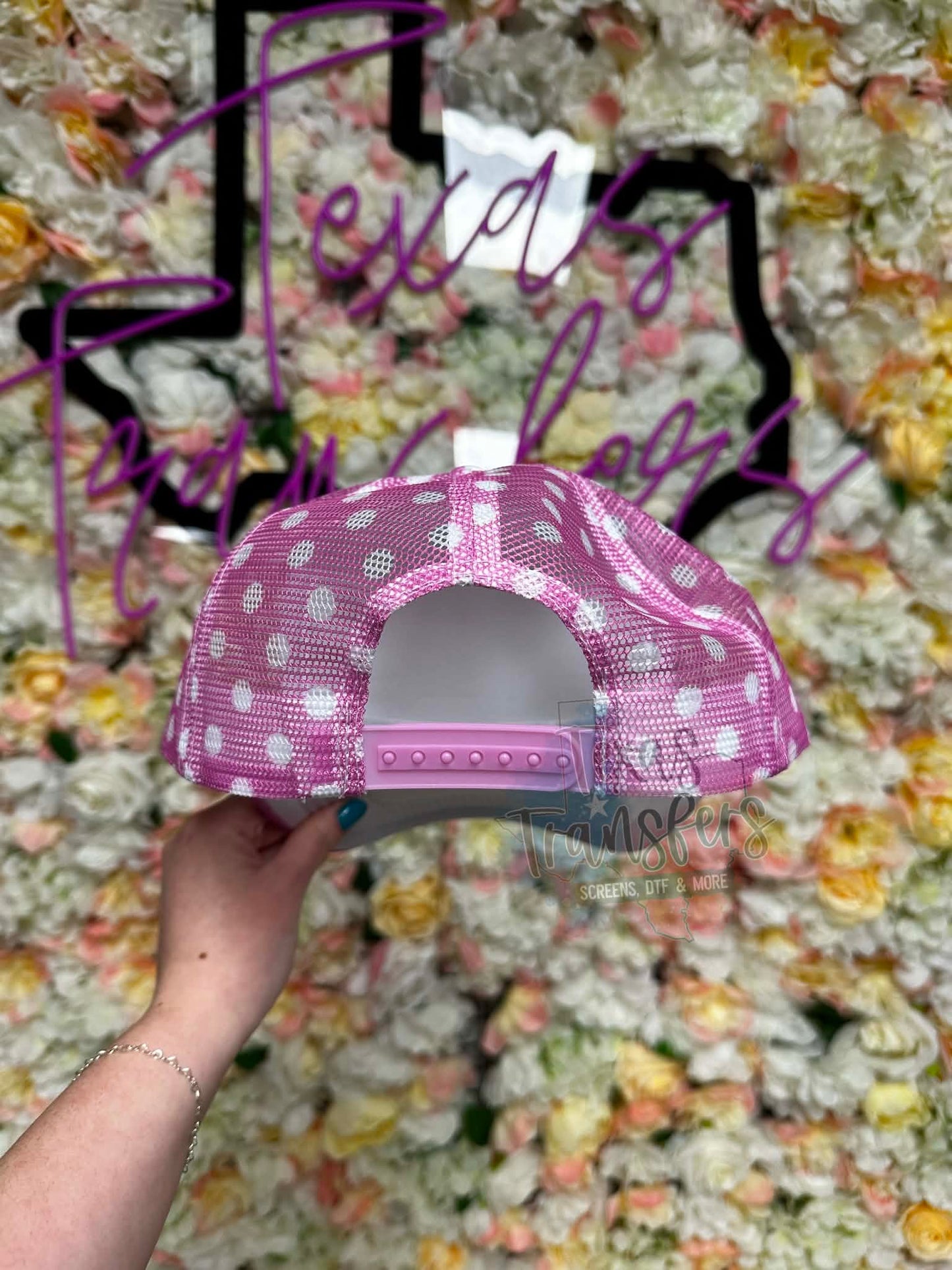 Pink Polka Dot Brim Trucker Hat - Texas Transfers and Designs