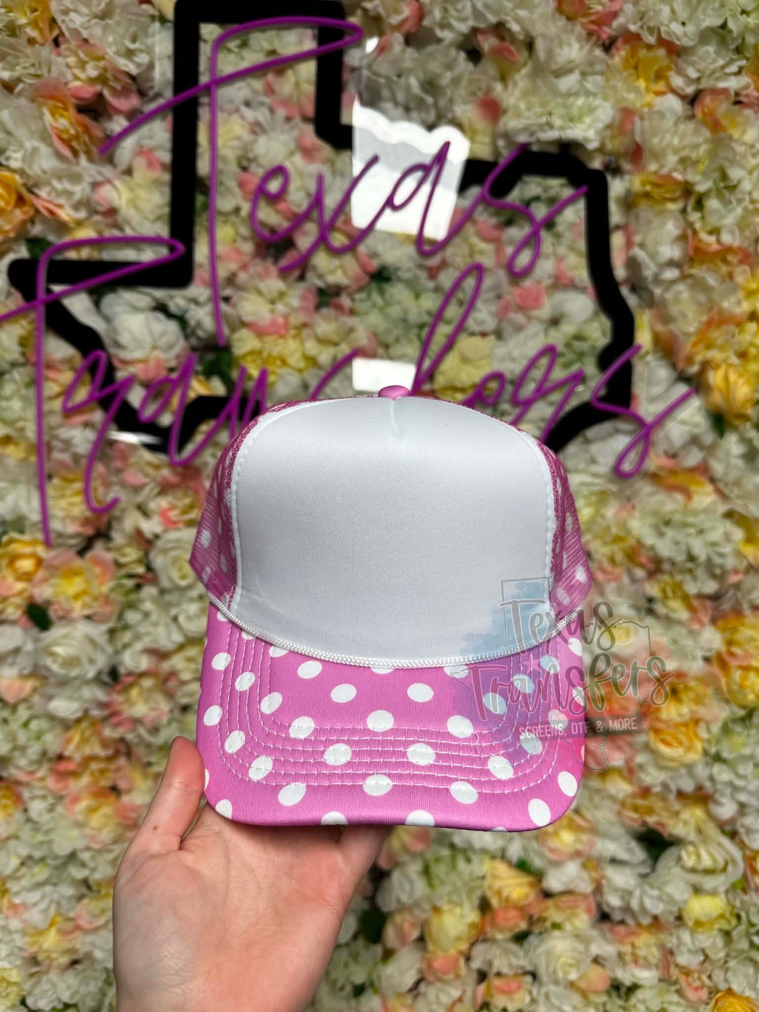 Pink Polka Dot Brim Trucker Hat - Texas Transfers and Designs